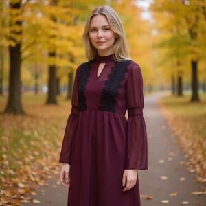 Jessica Simpson Womens‎ Dress Size 10 Plum Purple Bell Sleeve Lace Mock Neck
